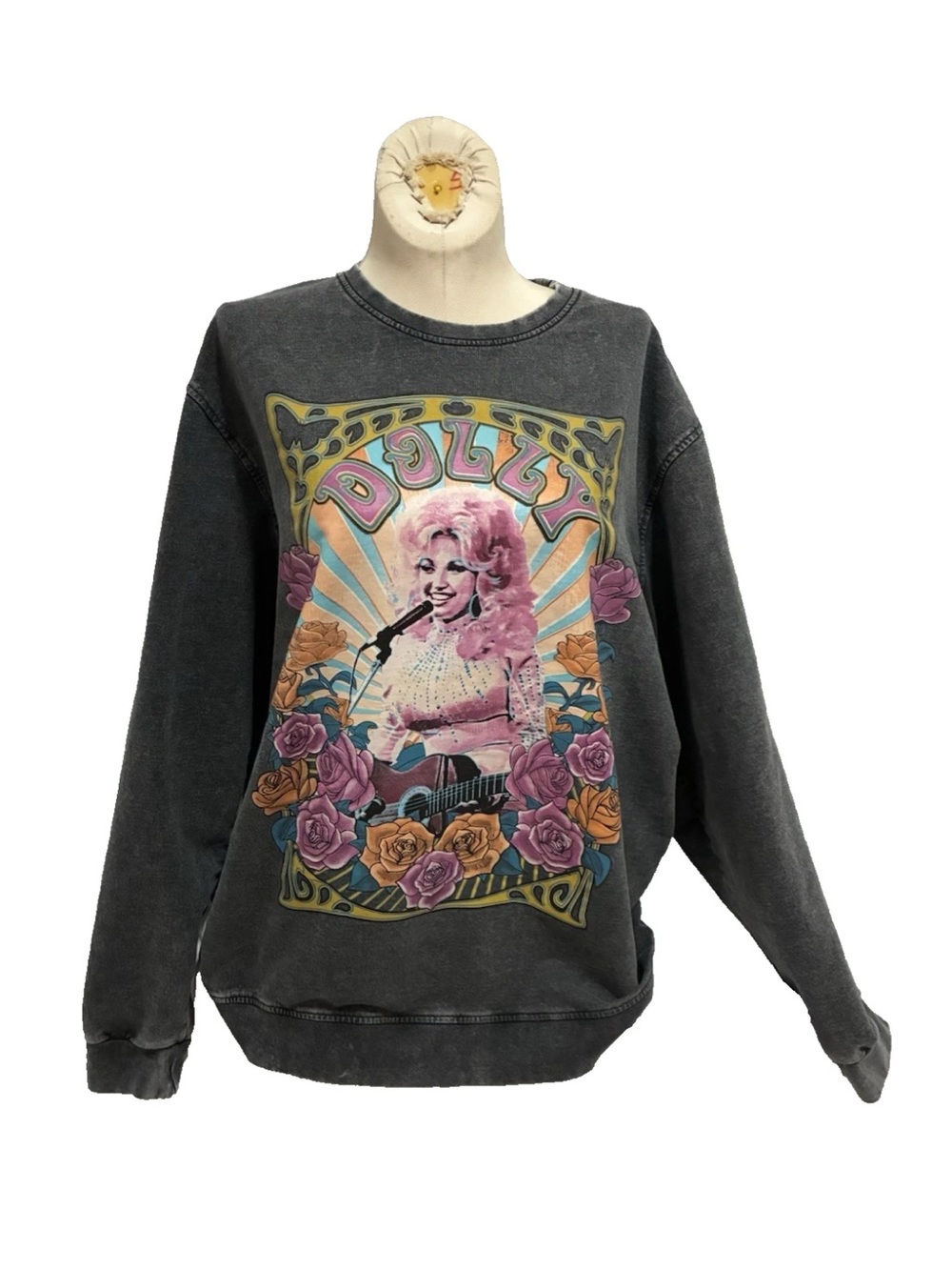 Dolly Graphic Crewneck Sweatshirt - Charcoal with Pink Floral Print